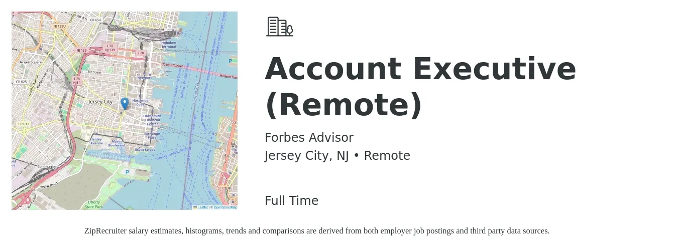 Forbes Advisor job posting for a Account Executive (Remote) in Jersey City, NJ with a salary of $12,000 Monthly with a map of Jersey City location.