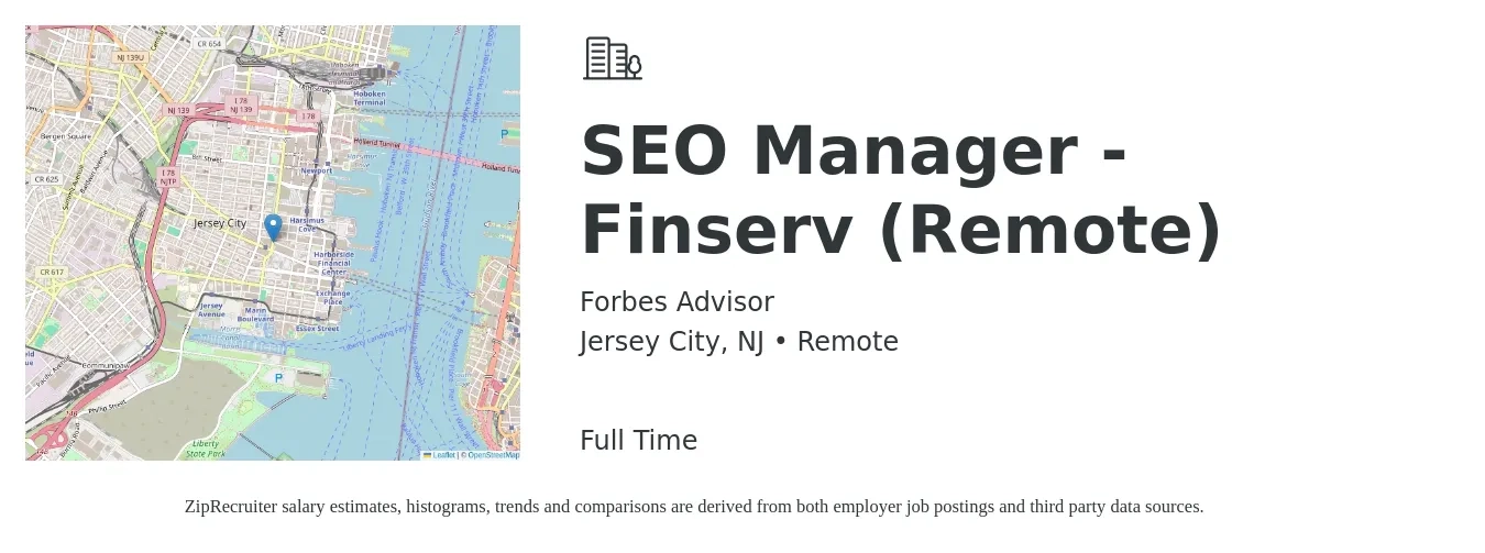Forbes Advisor job posting for a SEO Manager - Finserv (Remote) in Jersey City, NJ with a salary of $73,100 to $101,800 Yearly with a map of Jersey City location.