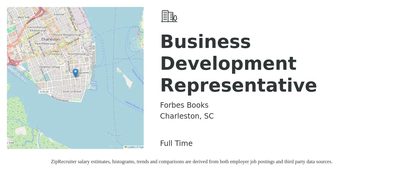 Forbes Books job posting for a Business Development Representative in Charleston, SC with a salary of $42,100 to $65,500 Yearly with a map of Charleston location.