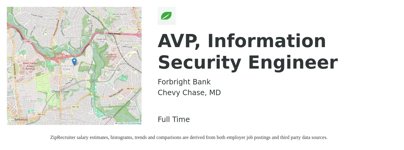 Forbright Bank job posting for a AVP, Information Security Engineer in Chevy Chase, MD with a salary of $110,800 to $153,100 Yearly with a map of Chevy Chase location.