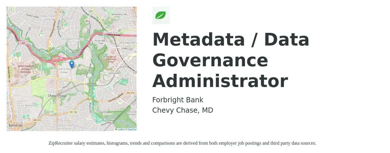 Forbright Bank job posting for a Metadata / Data Governance Administrator in Chevy Chase, MD with a salary of $45 to $74 Hourly with a map of Chevy Chase location.