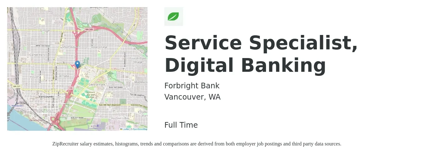Forbright Bank job posting for a Service Specialist, Digital Banking in Vancouver, WA with a salary of $18 to $24 Hourly with a map of Vancouver location.