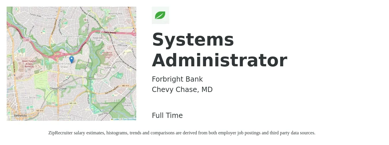 Forbright Bank job posting for a Systems Administrator in Chevy Chase, MD with a salary of $73,900 to $109,800 Yearly with a map of Chevy Chase location.