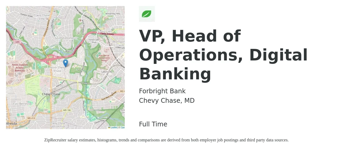 Forbright Bank job posting for a VP, Head of Operations, Digital Banking in Chevy Chase, MD with a salary of $123,200 to $197,300 Yearly with a map of Chevy Chase location.