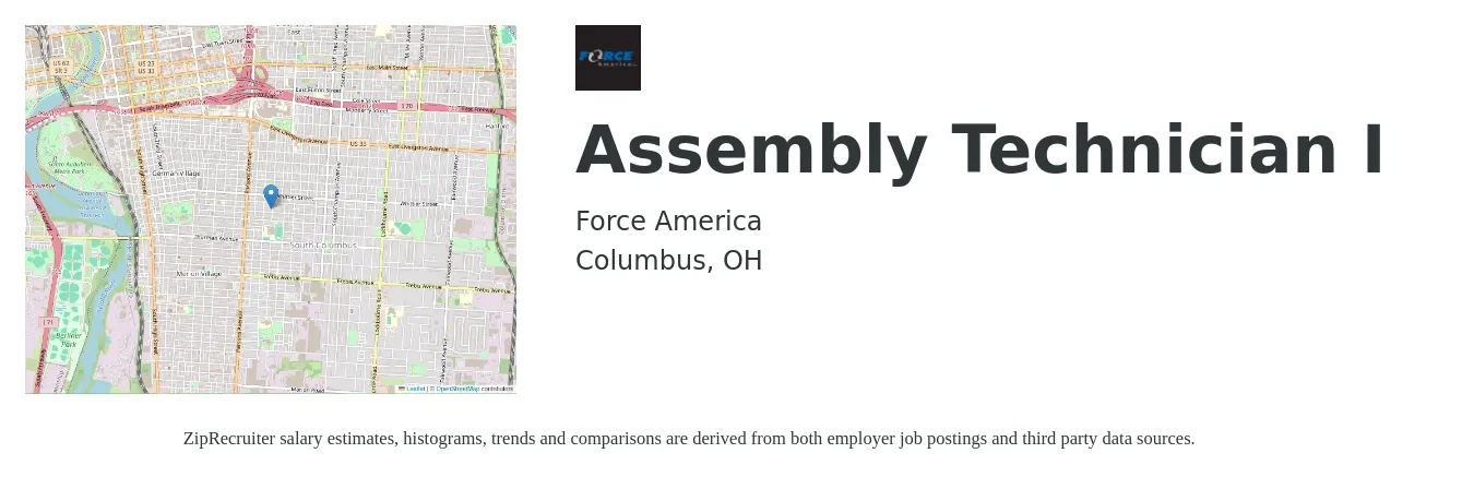 Force America job posting for a Assembly Technician I in Columbus, OH with a salary of $17 to $21 Hourly with a map of Columbus location.