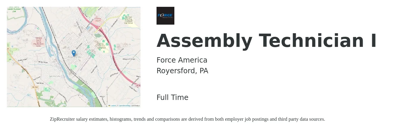 Force America job posting for a Assembly Technician I in Royersford, PA with a salary of $17 to $22 Hourly with a map of Royersford location.