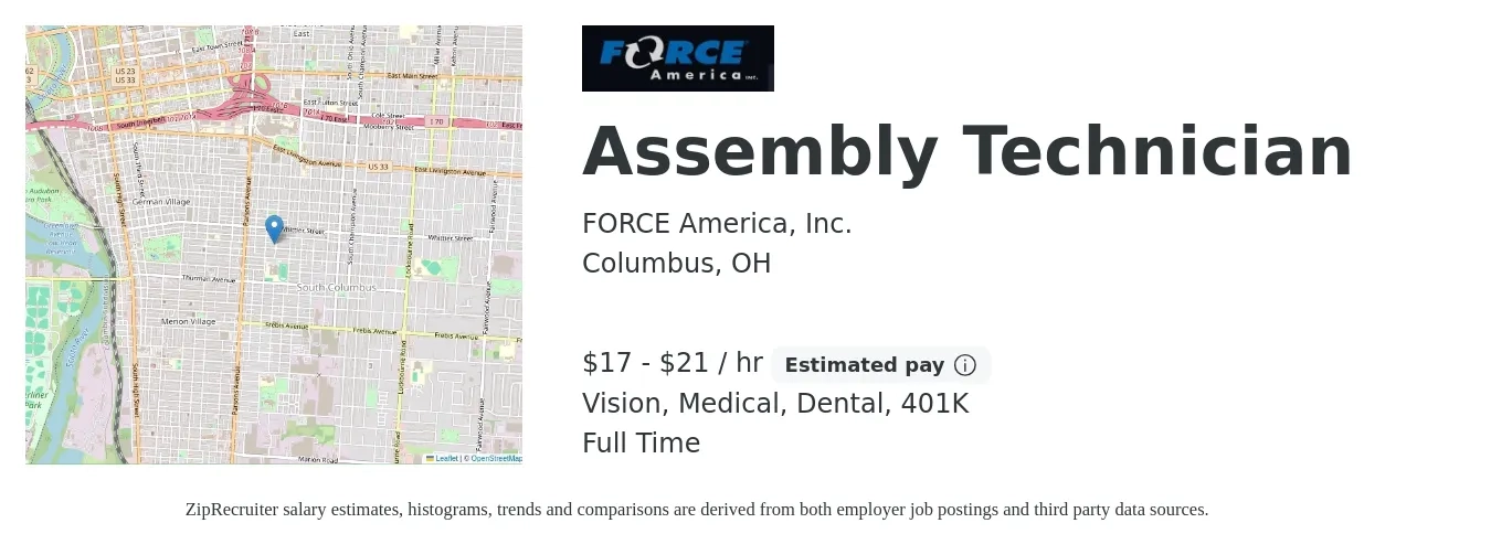 FORCE America, Inc. job posting for a Assembly Technician in Columbus, OH with a salary of $18 to $22 Hourly and benefits including vision, 401k, dental, life_insurance, and medical with a map of Columbus location.