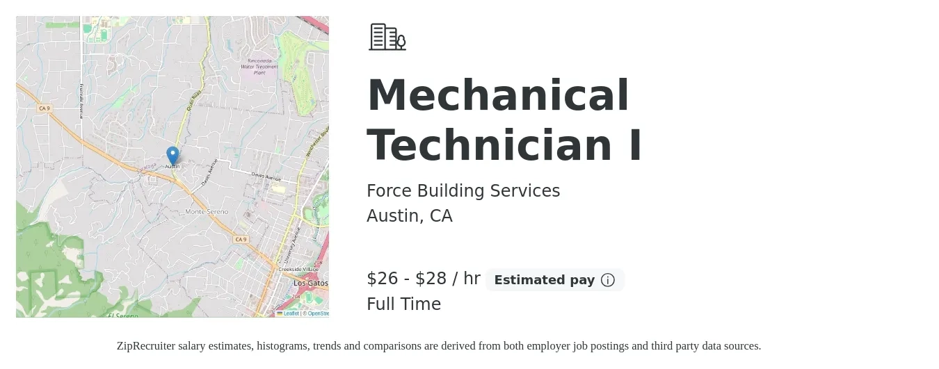 Force Building Services job posting for a Mechanical Technician I in Austin, CA with a salary of $28 to $30 Hourly with a map of Austin location.