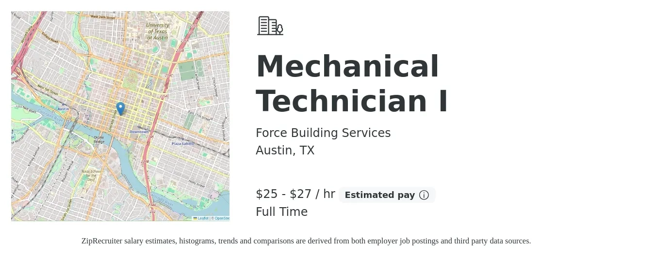 Force Building Services job posting for a Mechanical Technician I in Austin, TX with a salary of $27 to $29 Hourly with a map of Austin location.