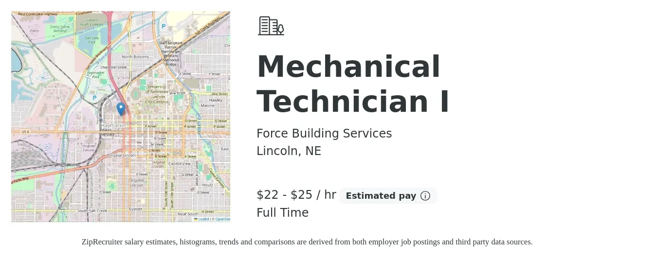 Force Building Services job posting for a Mechanical Technician I in Lincoln, NE with a salary of $23 to $27 Hourly with a map of Lincoln location.