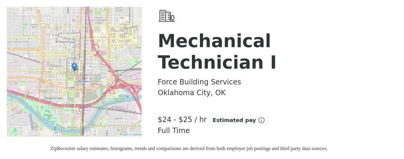 Force Building Services job posting for a Mechanical Technician I in Oklahoma City, OK with a salary of $25 to $27 Hourly with a map of Oklahoma City location.