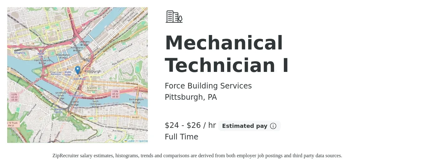 Force Building Services job posting for a Mechanical Technician I in Pittsburgh, PA with a salary of $25 to $28 Hourly with a map of Pittsburgh location.