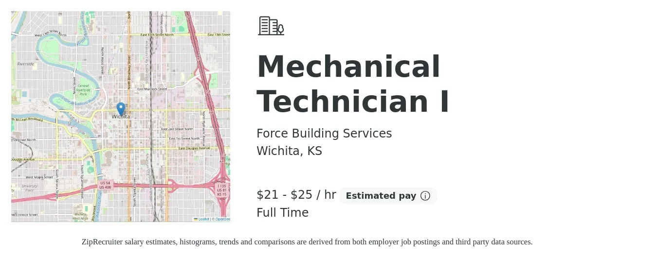 Force Building Services job posting for a Mechanical Technician I in Wichita, KS with a salary of $22 to $27 Hourly with a map of Wichita location.