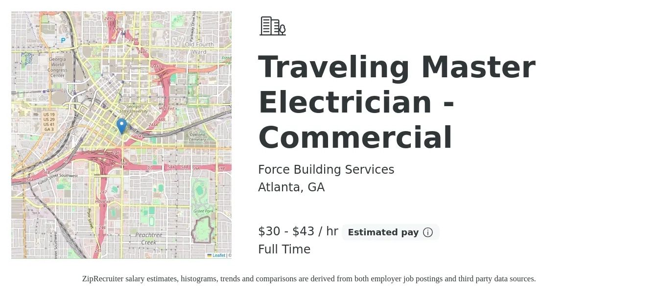Force Building Services job posting for a Traveling Master Electrician - Commercial in Atlanta, GA with a salary of $32 to $45 Hourly with a map of Atlanta location.