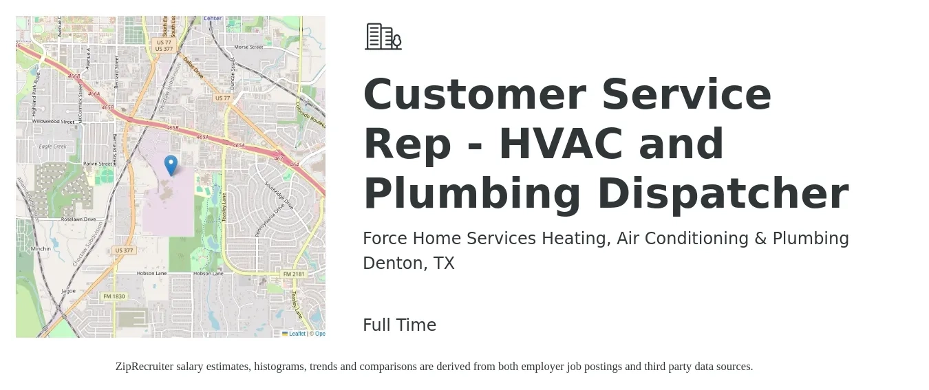 Force Home Services Heating, Air Conditioning & Plumbing job posting for a Customer Service Rep - HVAC and Plumbing Dispatcher in Denton, TX with a salary of $15 to $20 Hourly with a map of Denton location.