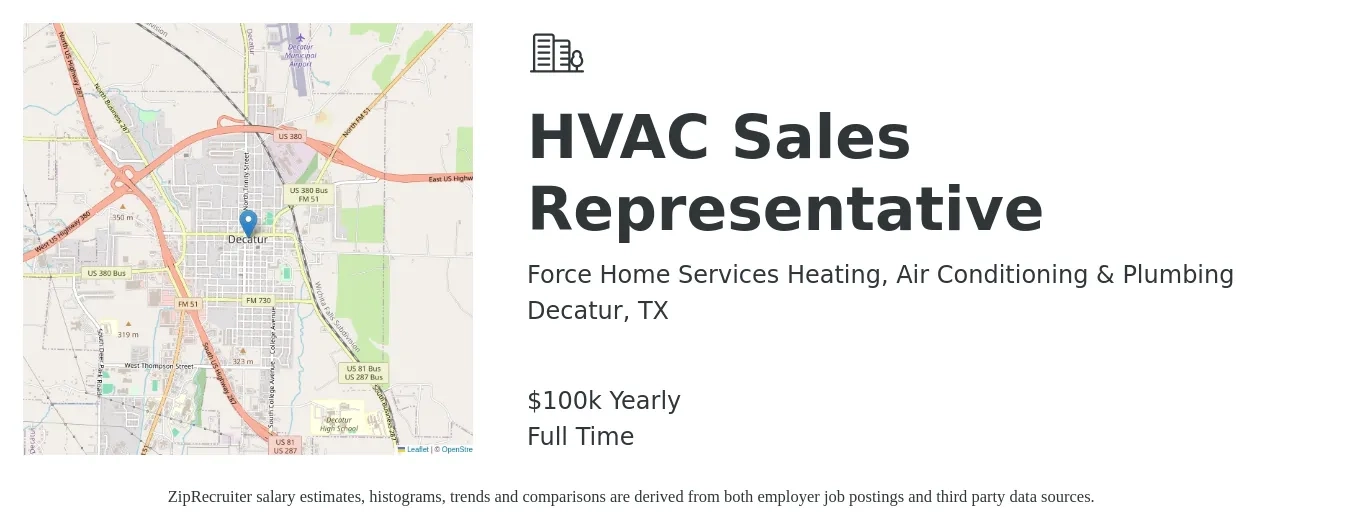 Force Home Services Heating, Air Conditioning & Plumbing job posting for a HVAC Sales Representative in Decatur, TX with a salary of $100,000 Yearly with a map of Decatur location.