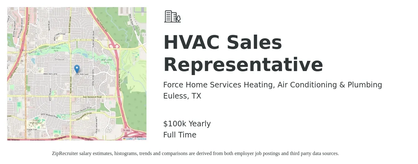 Force Home Services Heating, Air Conditioning & Plumbing job posting for a HVAC Sales Representative in Euless, TX with a salary of $100,000 Yearly with a map of Euless location.