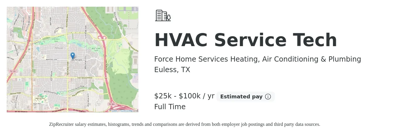 Force Home Services Heating, Air Conditioning & Plumbing job posting for a HVAC Service Tech in Euless, TX with a salary of $25,000 to $100,000 Yearly with a map of Euless location.