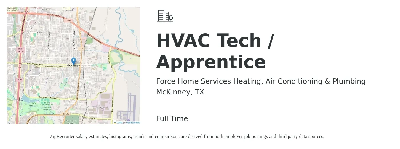 Force Home Services Heating, Air Conditioning & Plumbing job posting for a HVAC Tech / Apprentice in McKinney, TX with a salary of $16 to $20 Hourly with a map of McKinney location.