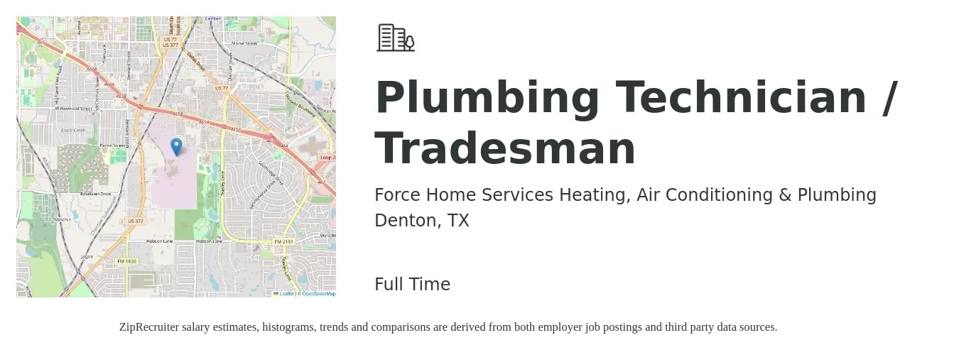 Force Home Services Heating, Air Conditioning & Plumbing job posting for a Plumbing Technician / Tradesman in Denton, TX with a salary of $27 to $41 Hourly with a map of Denton location.