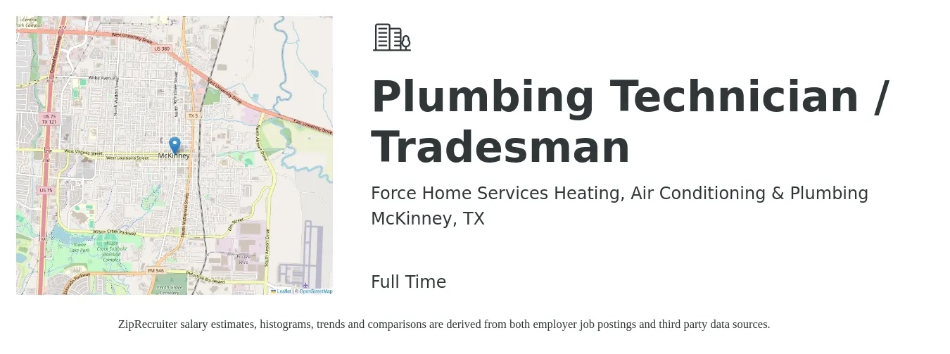 Force Home Services Heating, Air Conditioning & Plumbing job posting for a Plumbing Technician / Tradesman in McKinney, TX with a salary of $27 to $40 Hourly with a map of McKinney location.