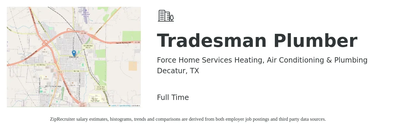 Force Home Services Heating, Air Conditioning & Plumbing job posting for a Tradesman Plumber in Decatur, TX with a salary of $26 to $39 Hourly with a map of Decatur location.