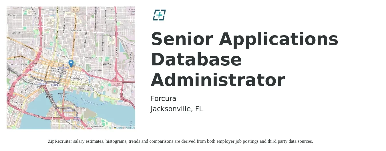 Forcura job posting for a Senior Applications Database Administrator in Jacksonville, FL with a salary of $45 to $62 Hourly with a map of Jacksonville location.