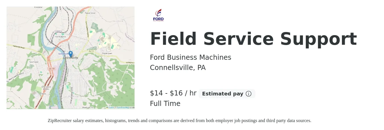 Ford Business Machines job posting for a Field Service Support in Connellsville, PA with a salary of $15 to $17 Hourly with a map of Connellsville location.