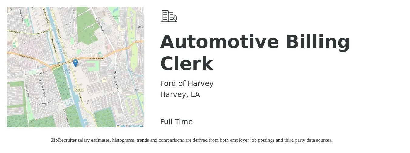 Ford of Harvey job posting for a Automotive Billing Clerk in Harvey, LA with a salary of $16 to $20 Hourly with a map of Harvey location.