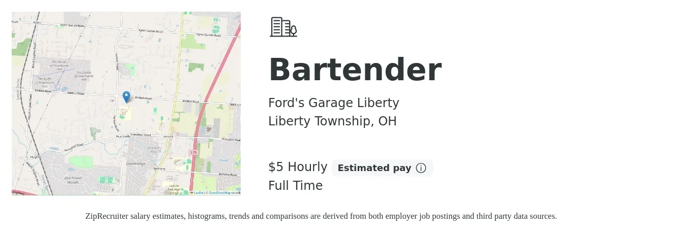 Ford's Garage Liberty job posting for a Bartender in Liberty Township, OH with a salary of $5 Hourly with a map of Liberty Township location.