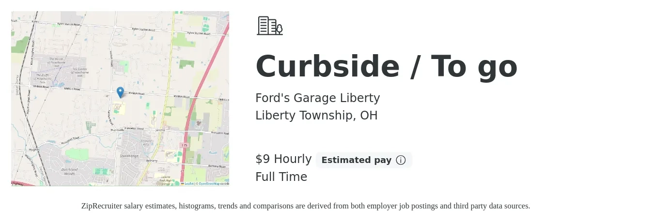 Ford's Garage Liberty job posting for a Curbside / To go in Liberty Township, OH with a salary of $10 Hourly with a map of Liberty Township location.