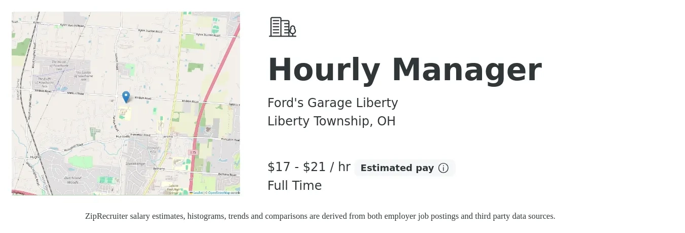 Ford's Garage Liberty job posting for a Hourly Manager in Liberty Township, OH with a salary of $18 to $22 Hourly with a map of Liberty Township location.