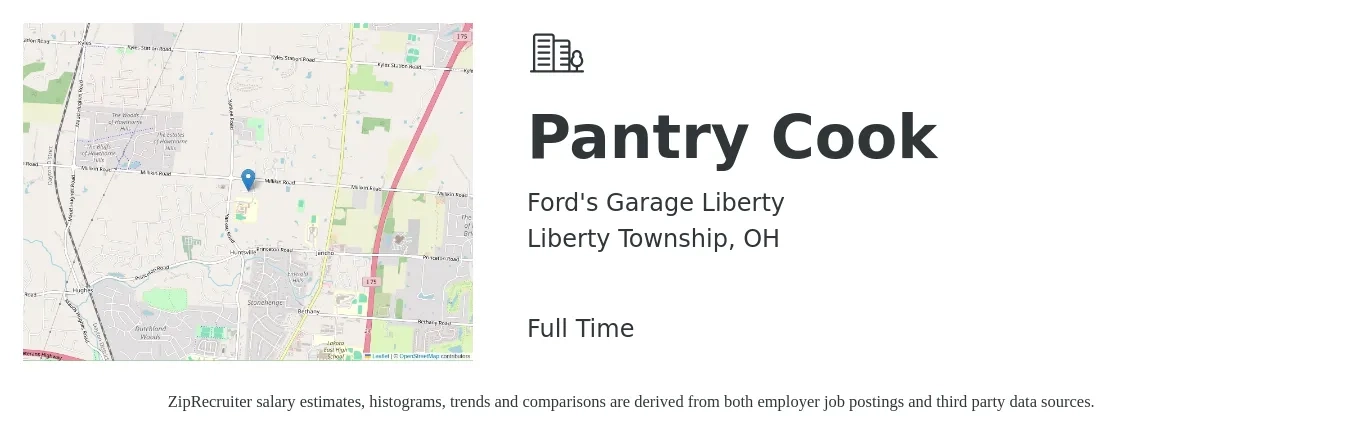 Ford's Garage Liberty job posting for a Pantry Cook in Liberty Township, OH with a salary of $15 to $18 Hourly with a map of Liberty Township location.
