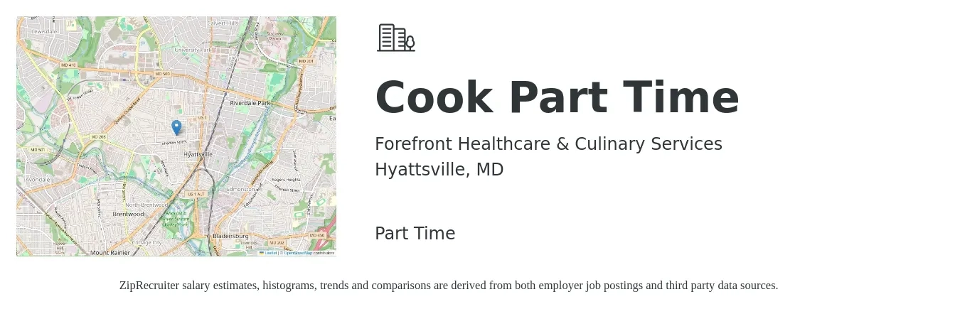 Forefront Healthcare & Culinary Services job posting for a Cook Part Time in Hyattsville, MD with a salary of $15 to $17 Hourly with a map of Hyattsville location.