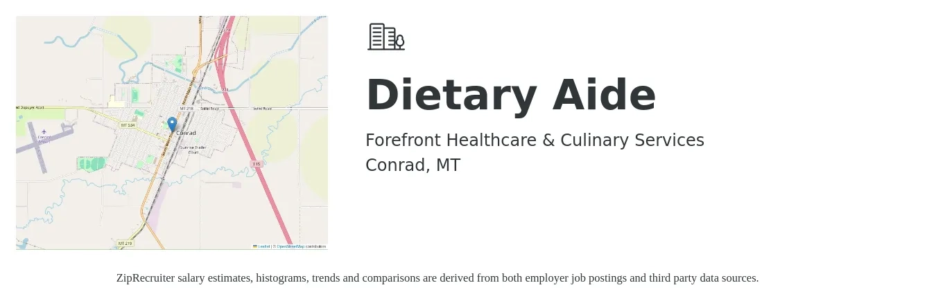 Forefront Healthcare & Culinary Services job posting for a Dietary Aide in Conrad, MT with a salary of $13 Hourly with a map of Conrad location.