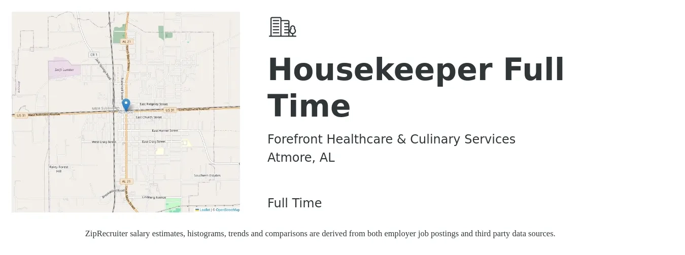 Forefront Healthcare & Culinary Services job posting for a Housekeeper Full Time in Atmore, AL with a salary of $9 to $12 Hourly with a map of Atmore location.