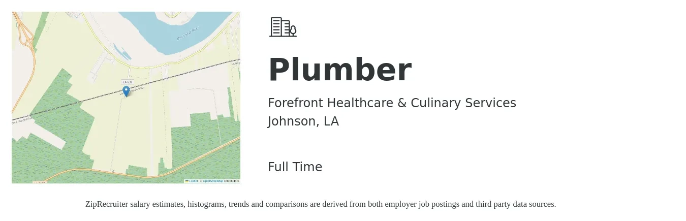 Forefront Healthcare & Culinary Services job posting for a Plumber in Johnson, LA with a salary of $30 Hourly with a map of Johnson location.