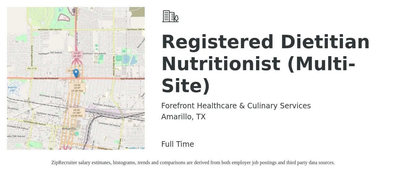 Forefront Healthcare & Culinary Services job posting for a Registered Dietitian Nutritionist (Multi-Site) in Amarillo, TX with a salary of $75,000 to $80,000 Yearly with a map of Amarillo location.