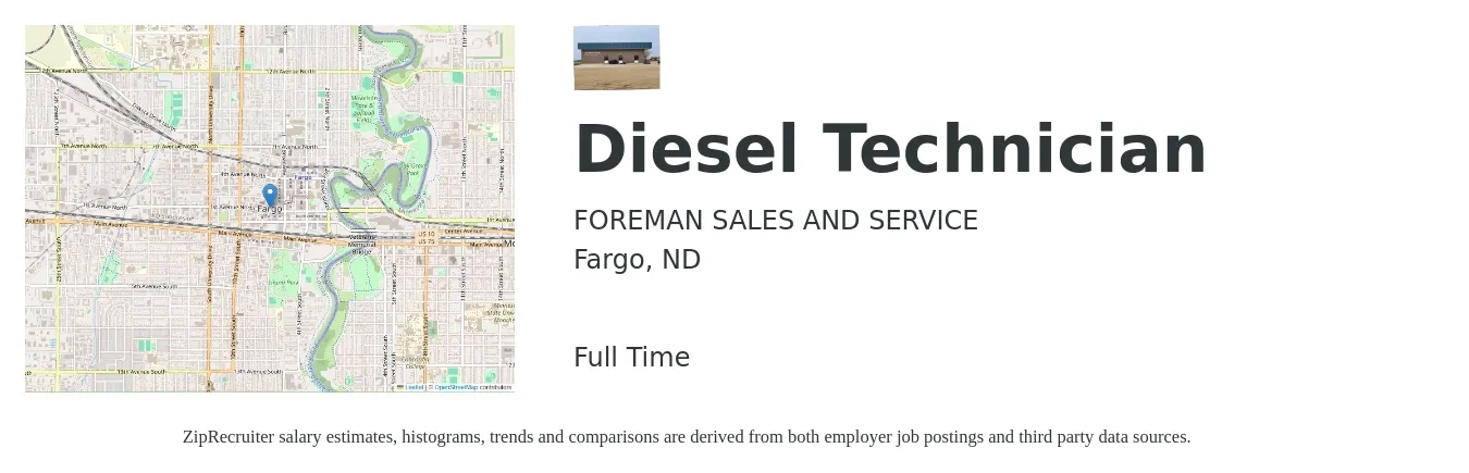 FOREMAN SALES AND SERVICE job posting for a Diesel Technician in Fargo, ND with a salary of $26 to $36 Hourly with a map of Fargo location.