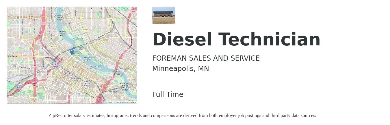 FOREMAN SALES AND SERVICE job posting for a Diesel Technician in Minneapolis, MN with a salary of $28 to $38 Hourly with a map of Minneapolis location.