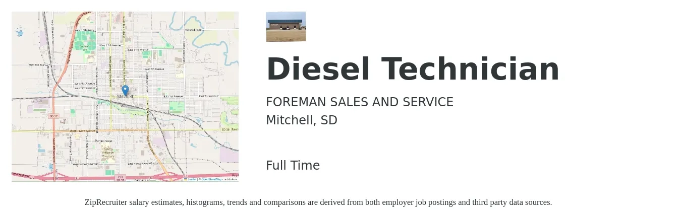 FOREMAN SALES AND SERVICE job posting for a Diesel Technician in Mitchell, SD with a salary of $27 to $37 Hourly with a map of Mitchell location.