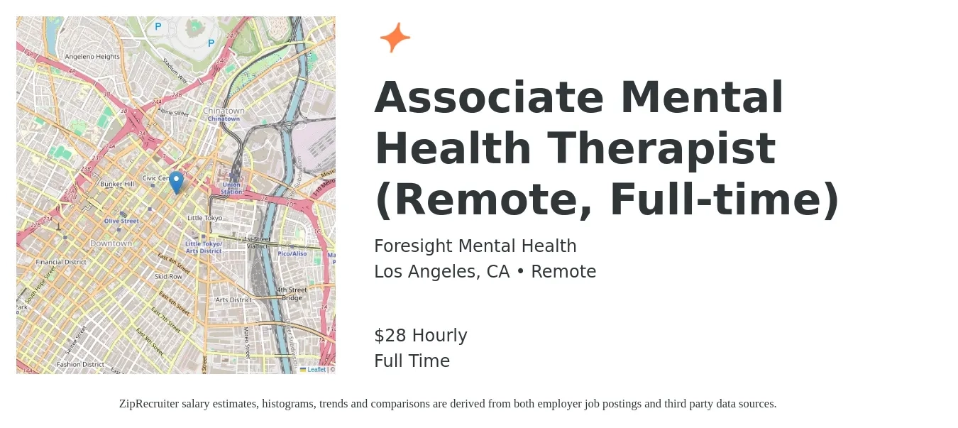 Foresight Mental Health job posting for a Associate Mental Health Therapist (Remote, Full-time) in Los Angeles, CA with a salary of $30 Hourly with a map of Los Angeles location.