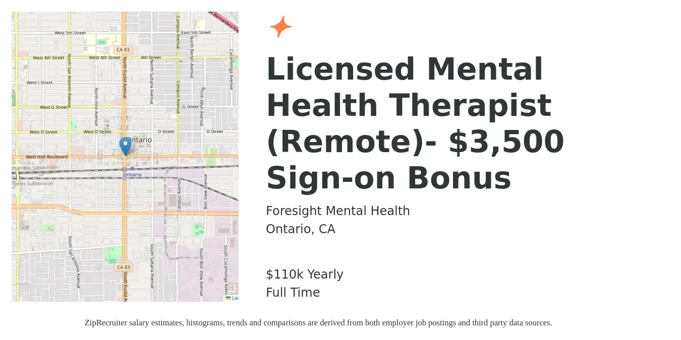 Foresight Mental Health job posting for a Licensed Mental Health Therapist (Remote) $3,500 Sign-on Bonus in Ontario, CA with a salary of $110,000 Yearly with a map of Ontario location.
