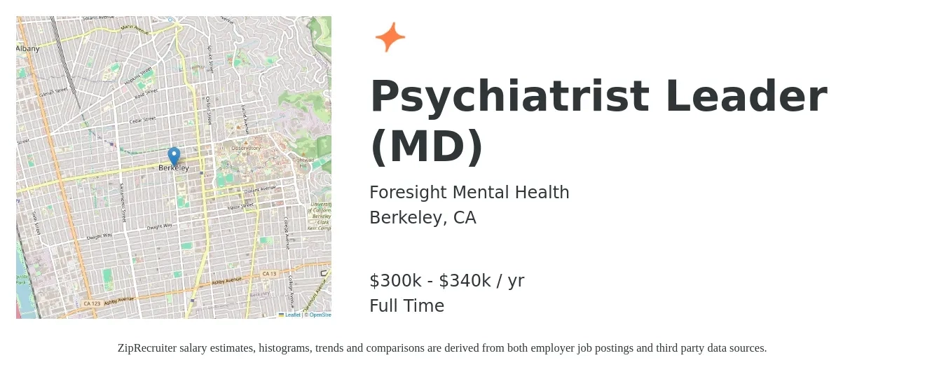 Foresight Mental Health job posting for a Psychiatrist Leader (MD) in Berkeley, CA with a salary of $300,000 to $340,000 Yearly with a map of Berkeley location.