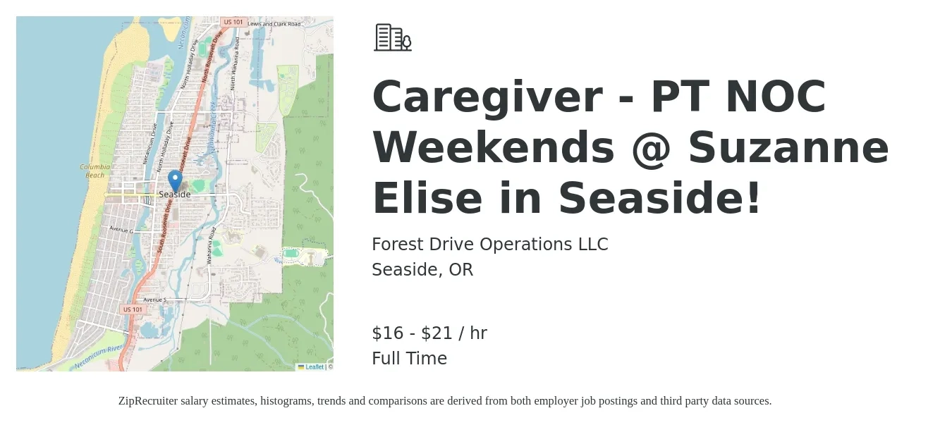 Forest Drive Operations LLC job posting for a Caregiver - PT NOC Weekends @ Suzanne Elise in Seaside! in Seaside, OR with a salary of $18 to $23 Hourly with a map of Seaside location.