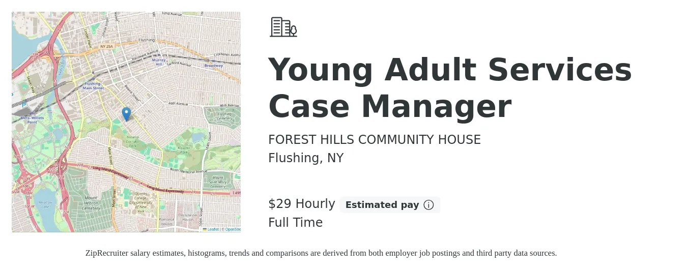 FOREST HILLS COMMUNITY HOUSE job posting for a Young Adult Services Case Manager in Flushing, NY with a salary of $30 to $31 Hourly with a map of Flushing location.