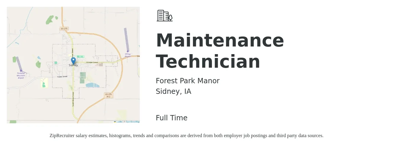 Forest Park Manor job posting for a Maintenance Technician in Sidney, IA with a salary of $18 to $26 Hourly with a map of Sidney location.
