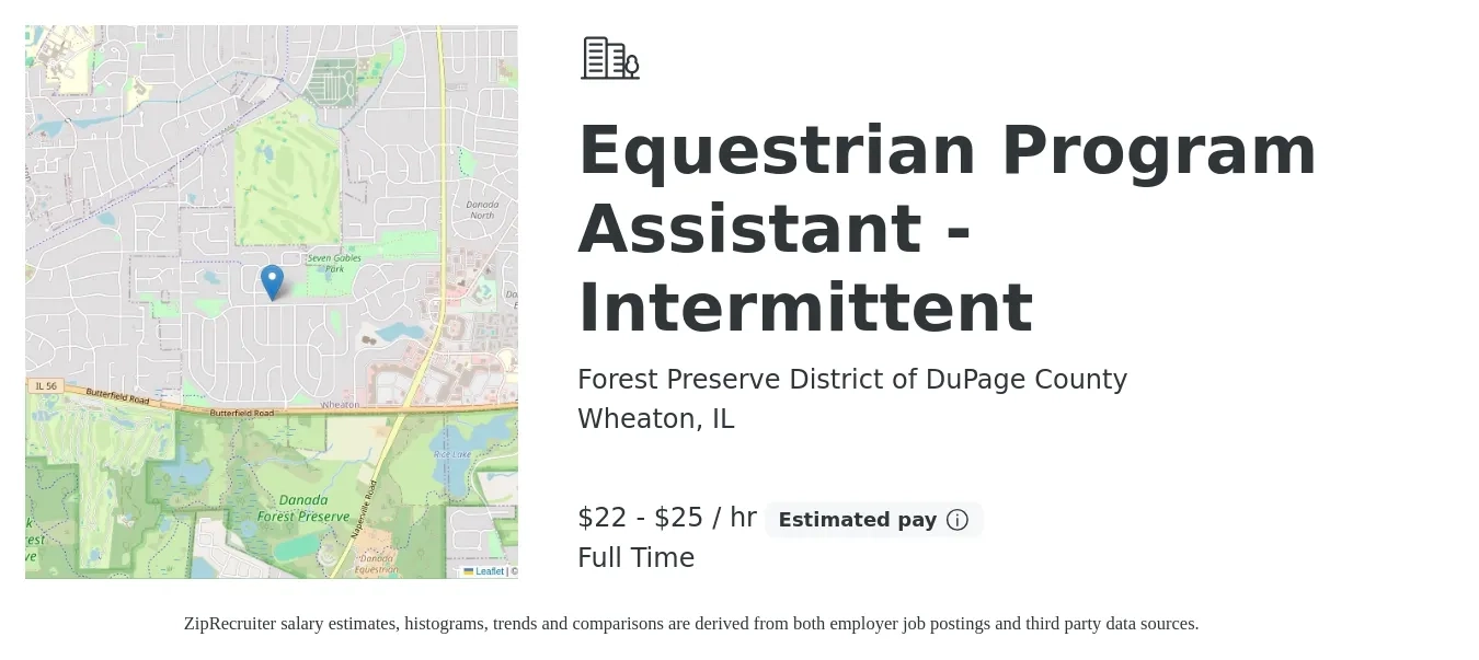 Forest Preserve District of DuPage County job posting for a Equestrian Program Assistant - Intermittent in Wheaton, IL with a salary of $24 to $26 Hourly with a map of Wheaton location.