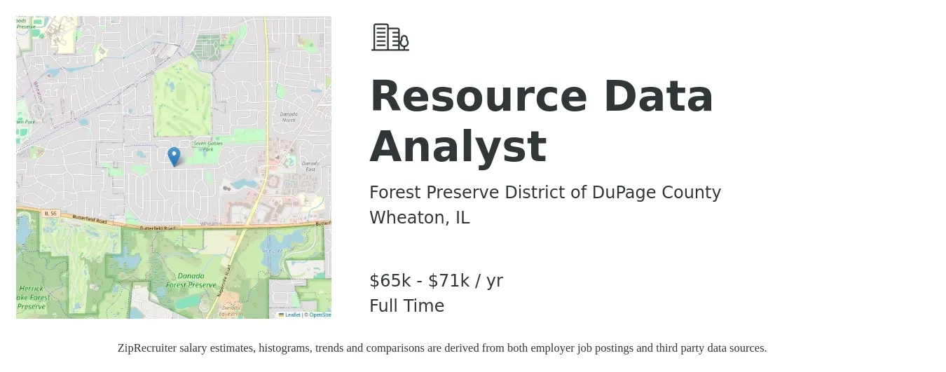Forest Preserve District of DuPage County job posting for a Resource Data Analyst in Wheaton, IL with a salary of $65,582 to $71,656 Yearly with a map of Wheaton location.