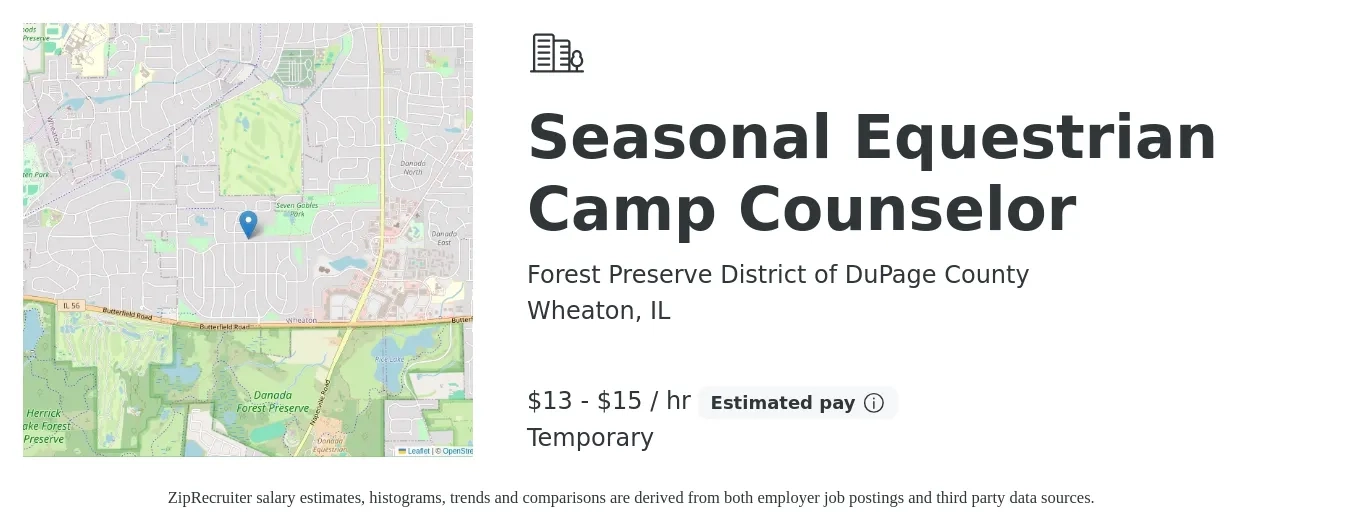 Forest Preserve District of DuPage County job posting for a Seasonal Equestrian Camp Counselor in Wheaton, IL with a salary of $14 to $16 Hourly with a map of Wheaton location.